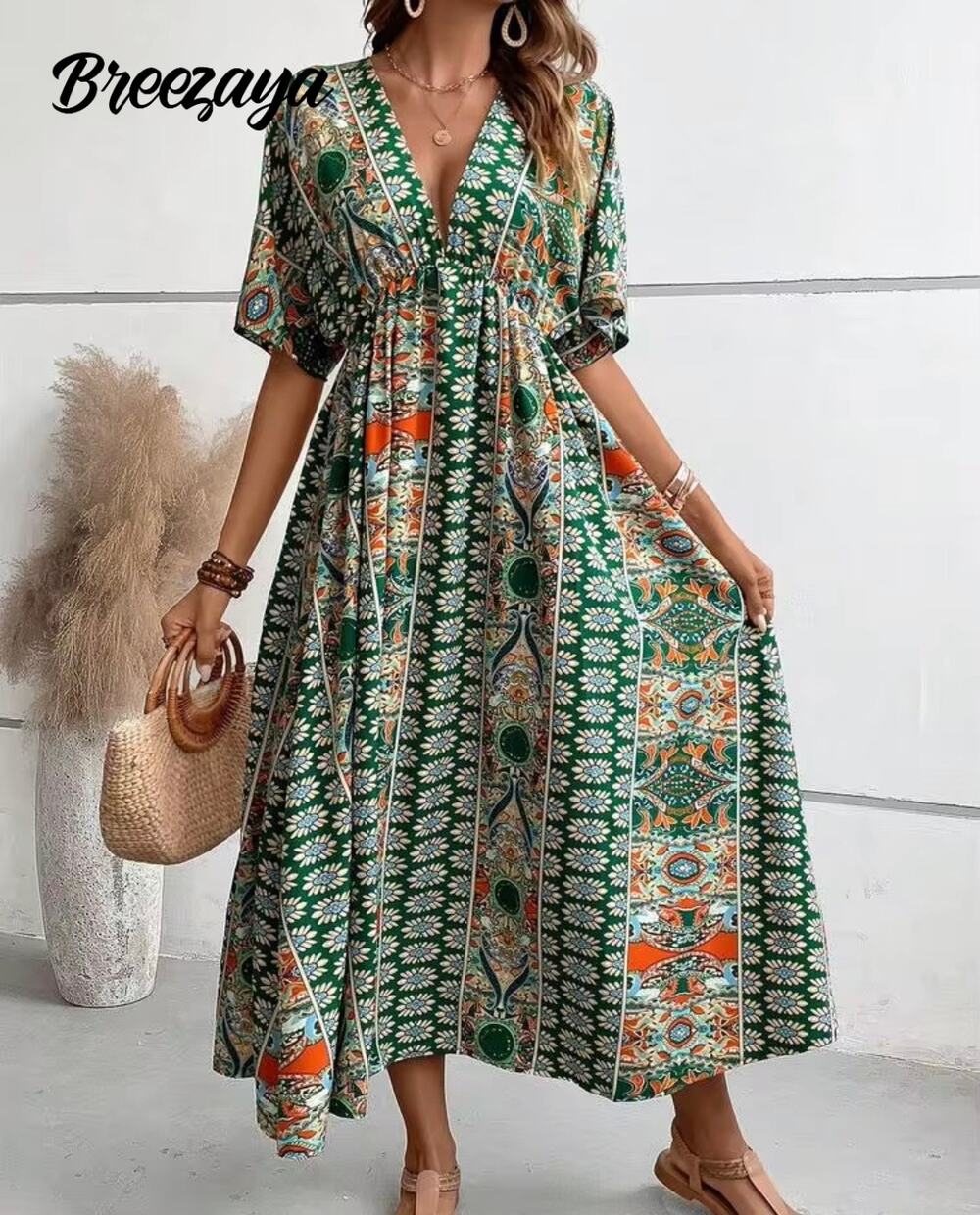 SHEIN Boho Paisley Floral Maxi Dress Plunging V-Neck Short Batwing Sleeve Green